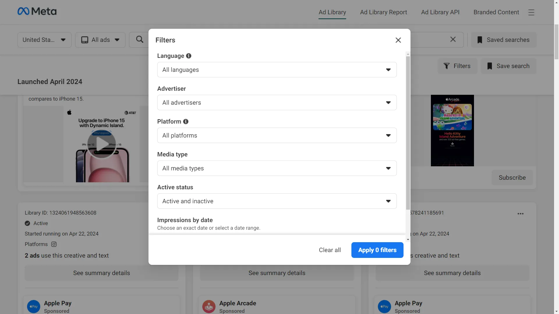 The Ad Library filter panel, with language, advertiser, platform, media type, active status and impressions-by-date controls.