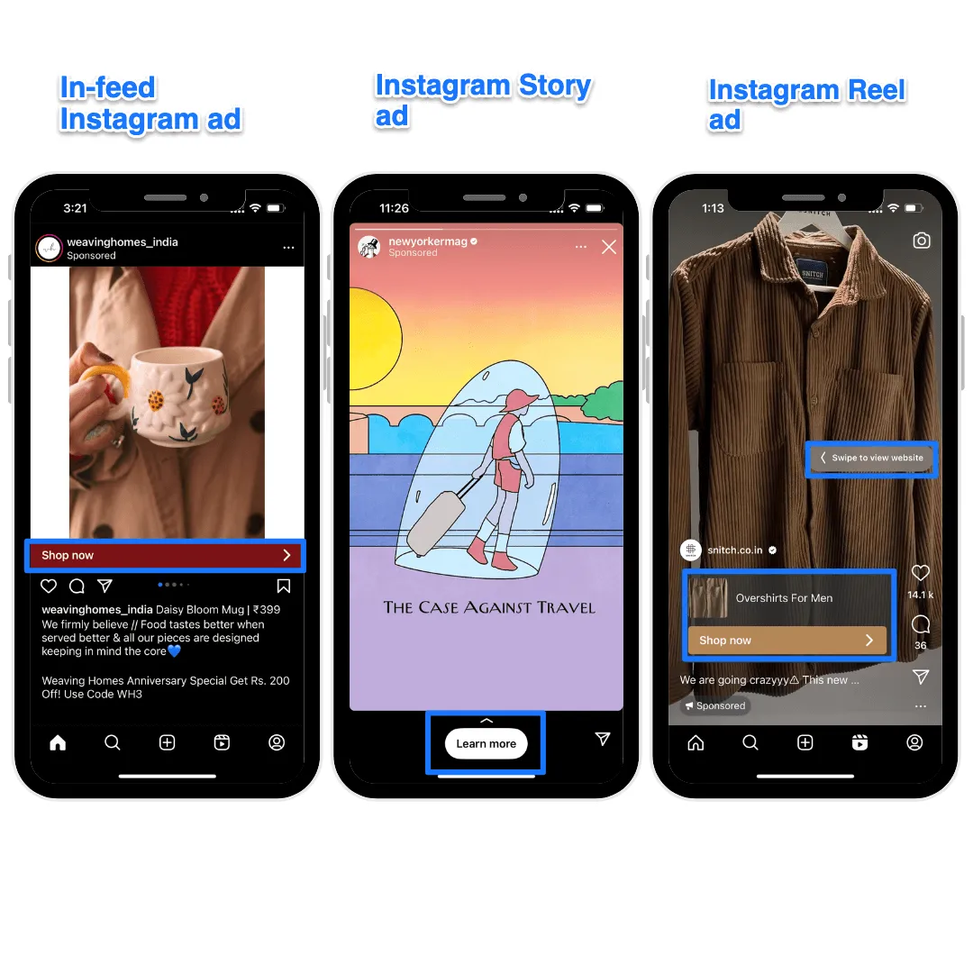 Three phone mockups labelled in-feed Instagram ad, Instagram Story ad and Instagram Reel ad, each with its call-to-action button outlined.
