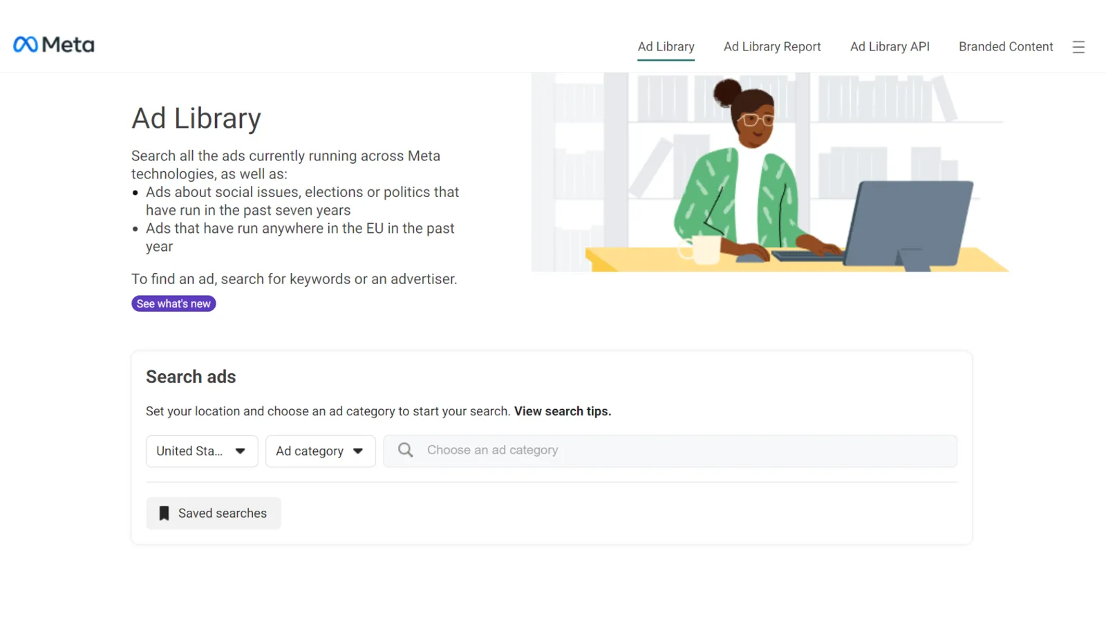 The Ad Library home page, with the country picker, ad category dropdown and keyword search field.