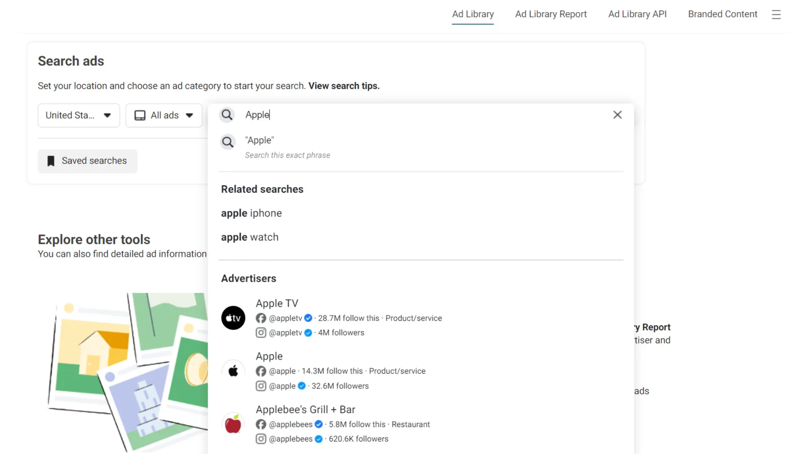 The Ad Library search box open on "Apple", listing related searches and matching advertiser accounts with their follower counts.