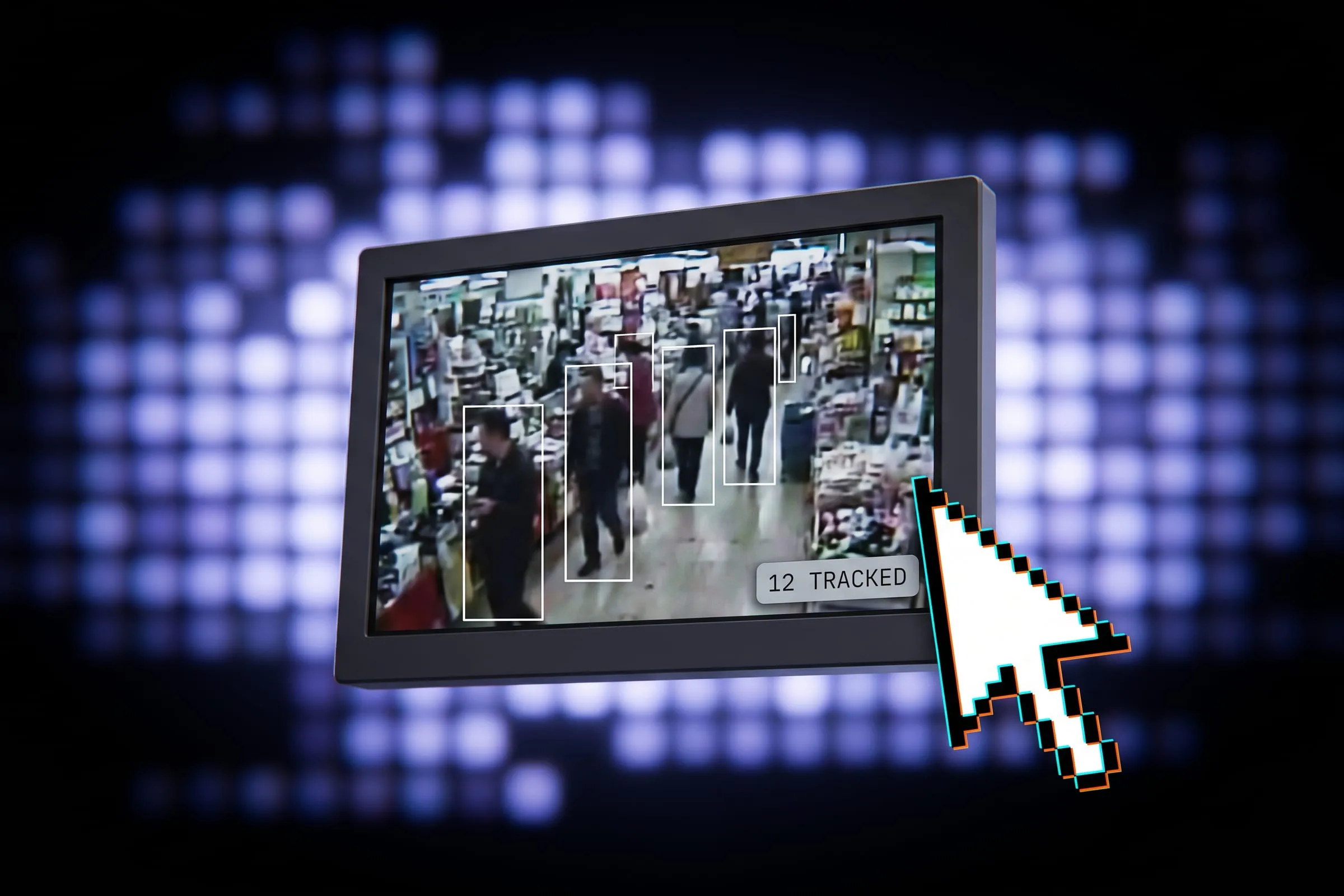 A floating video player frame of a shop aisle with outline boxes around each shopper and a counter tag reading twelve tracked.