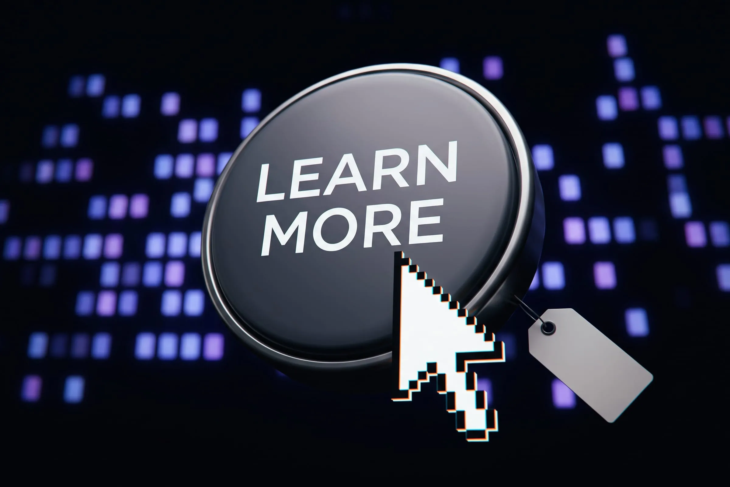 A floating ad button labelled Learn More with a cursor arrow on it and a small price tag hanging off one corner.