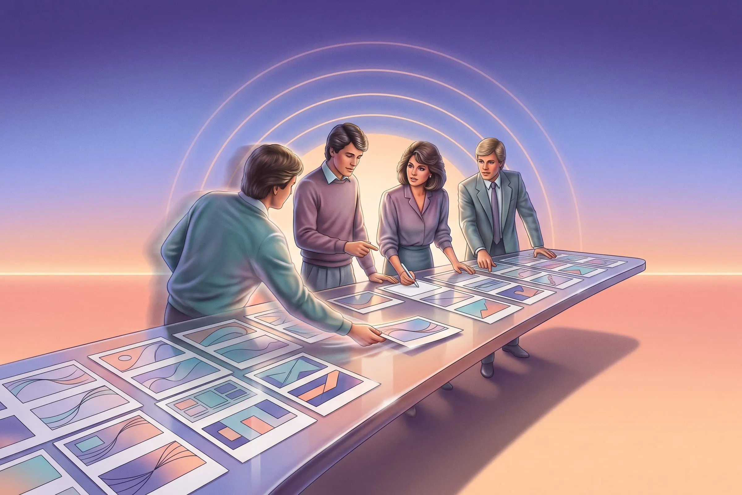 Four people rearrange printed storyboard frames spread across a long table.