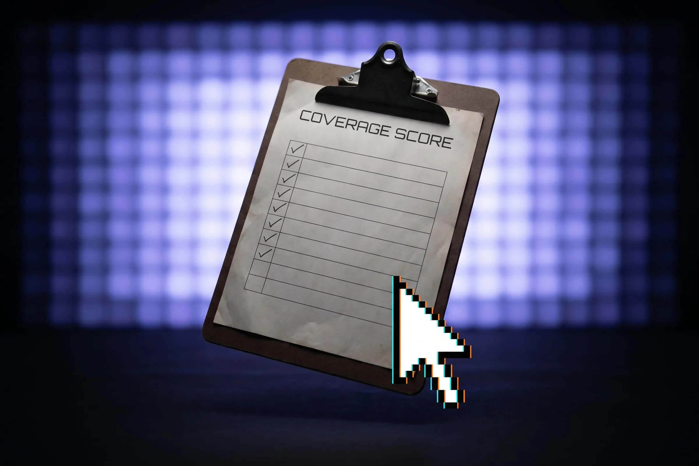 A floating clipboard with a ten-row scorecard headed Coverage Score, seven rows ticked.