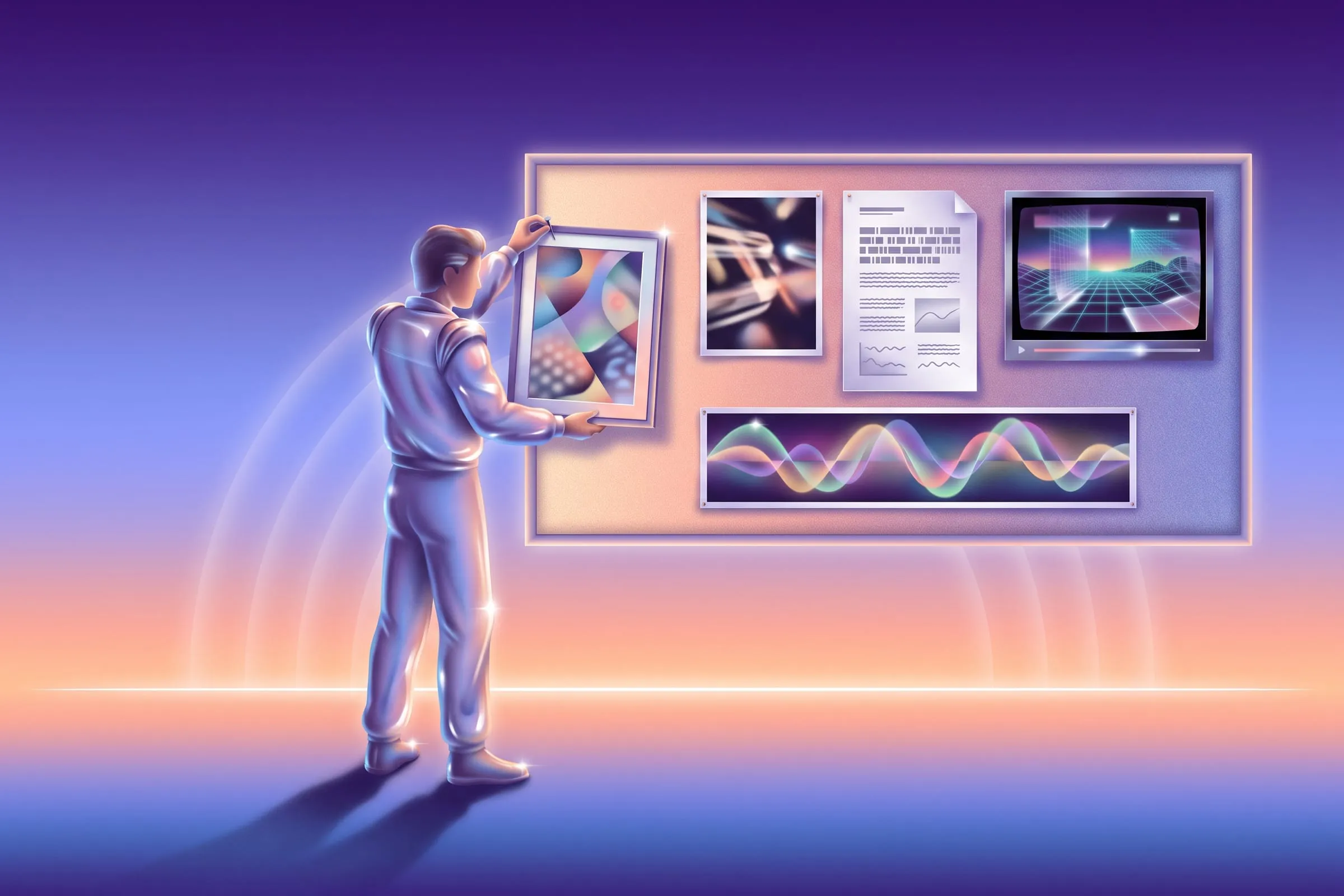 A person pins another printed frame onto a board already covered with photos, a page of writing, an audio waveform and a video still.