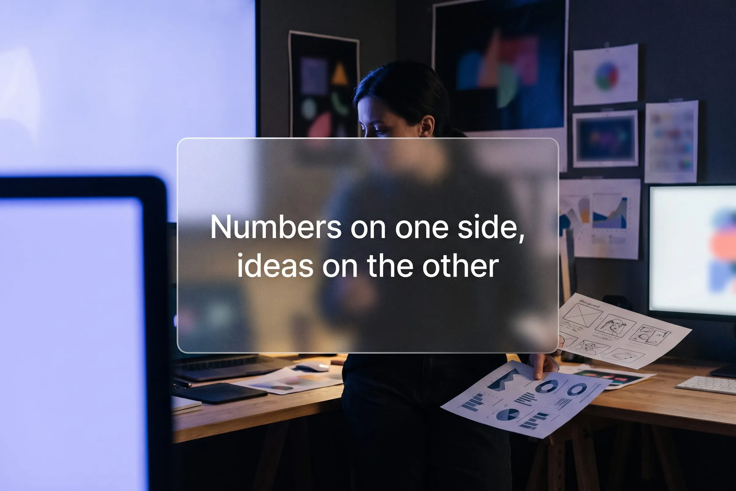A person stands between two desks holding a printed performance chart in one hand and a storyboard frame in the other.