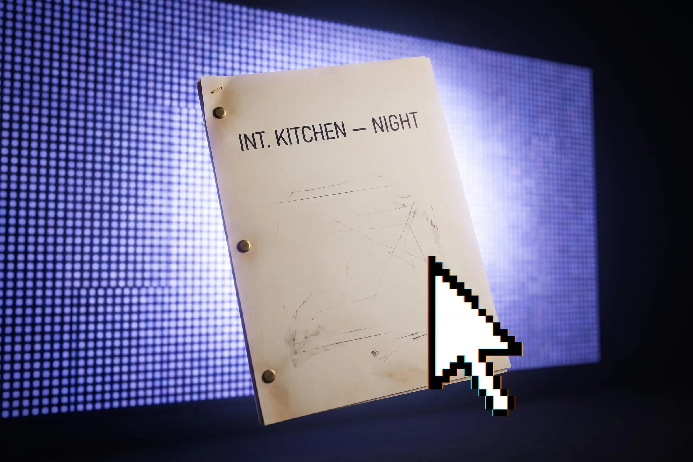 A single brass-fastened screenplay page floating alone, its scene heading reading interior kitchen, night.
