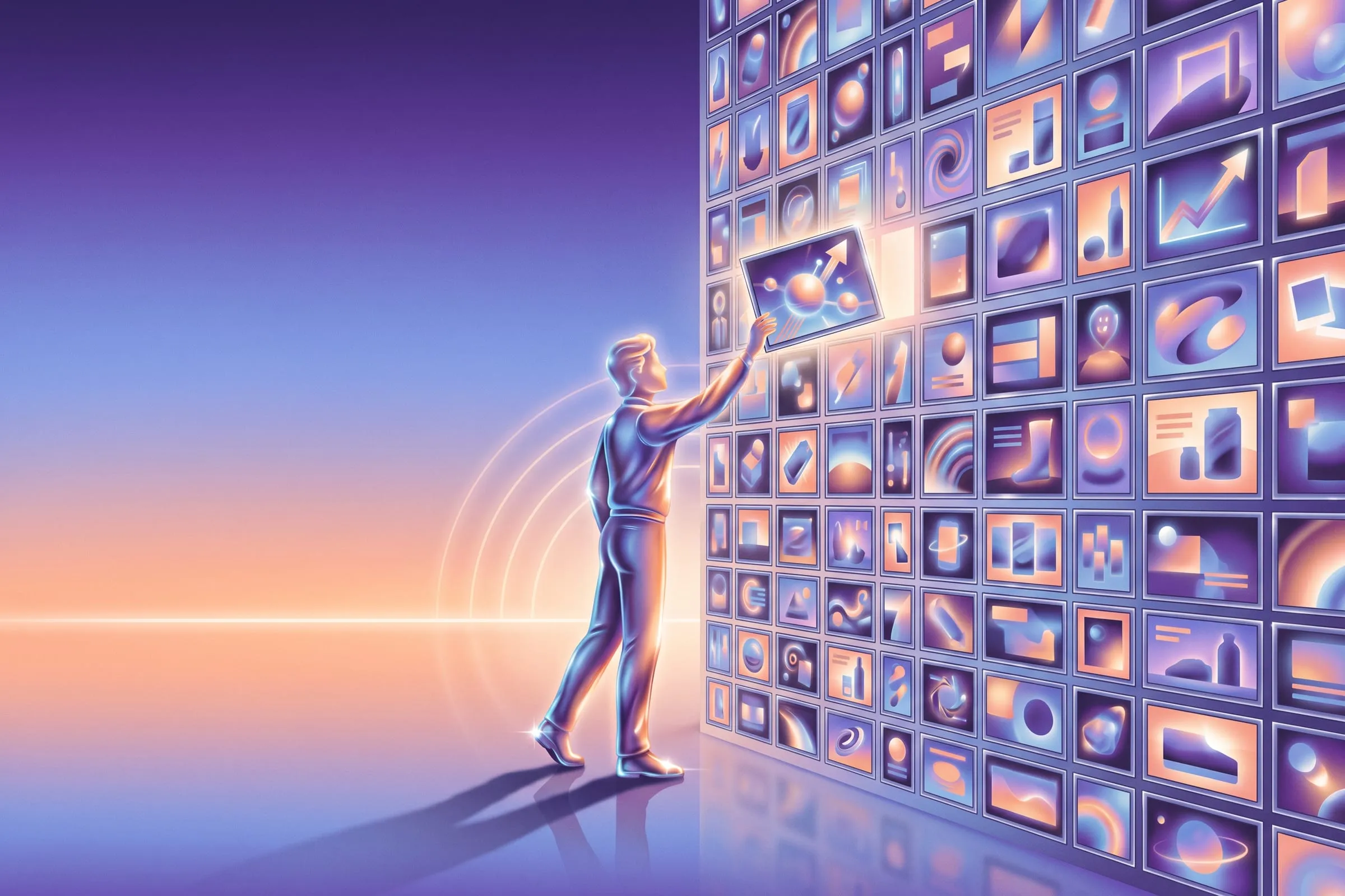 A person lifts a single thumbnail out of a wall-sized grid of unbranded advertisement stills.