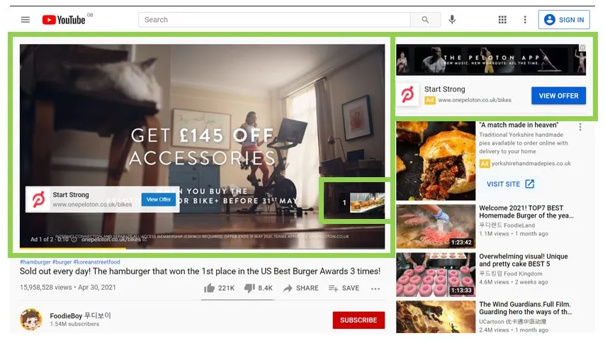 A YouTube watch page with two ad placements outlined: a skippable video ad running before the video, and a display ad in the top right.