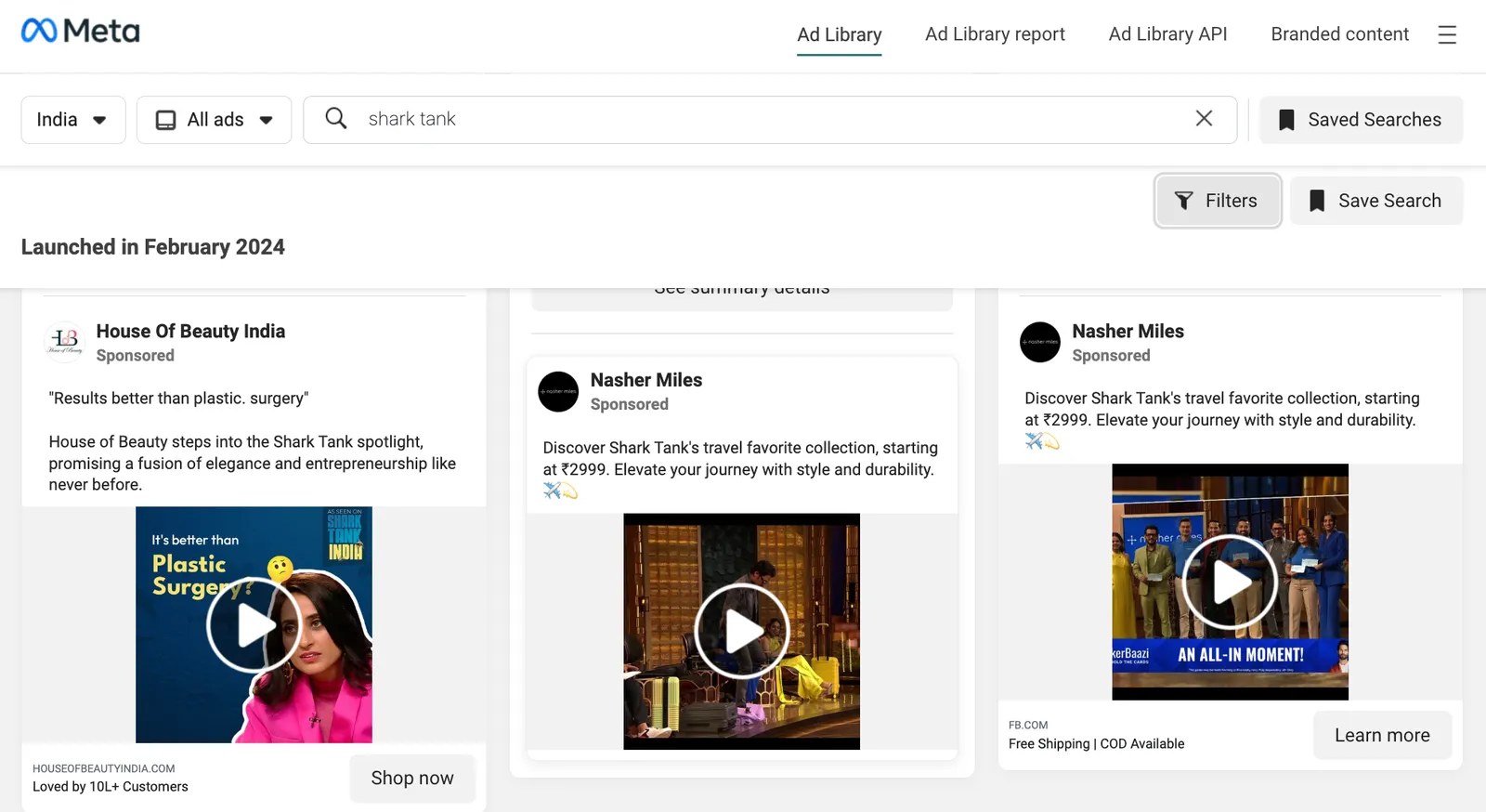 Meta Ad Library results for "shark tank" in India, showing three sponsored video ads from different brands.