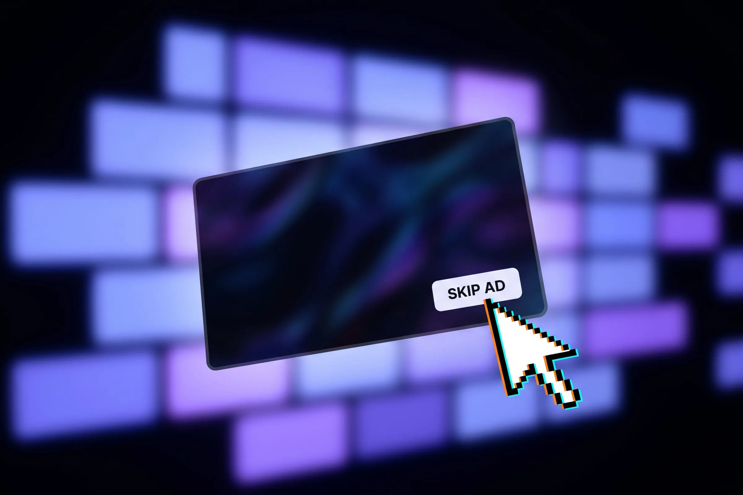 A floating video player panel with a progress bar and a Skip Ad button in the corner.