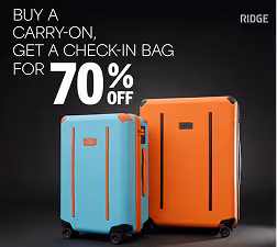 Blue carry-on and orange check-in suitcases with text offering 70% off a check-in bag when buying a carry-on.