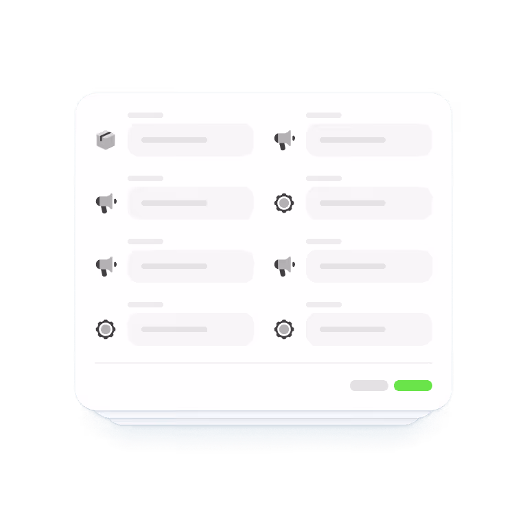 User interface panel displaying settings with icons including megaphones and gears, arranged in two columns with some text fields and a green button at the bottom right.