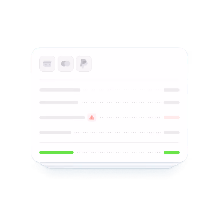 Digital interface showing payment options with credit card, Apple Pay, and PayPal icons, including a warning symbol and progress bars.