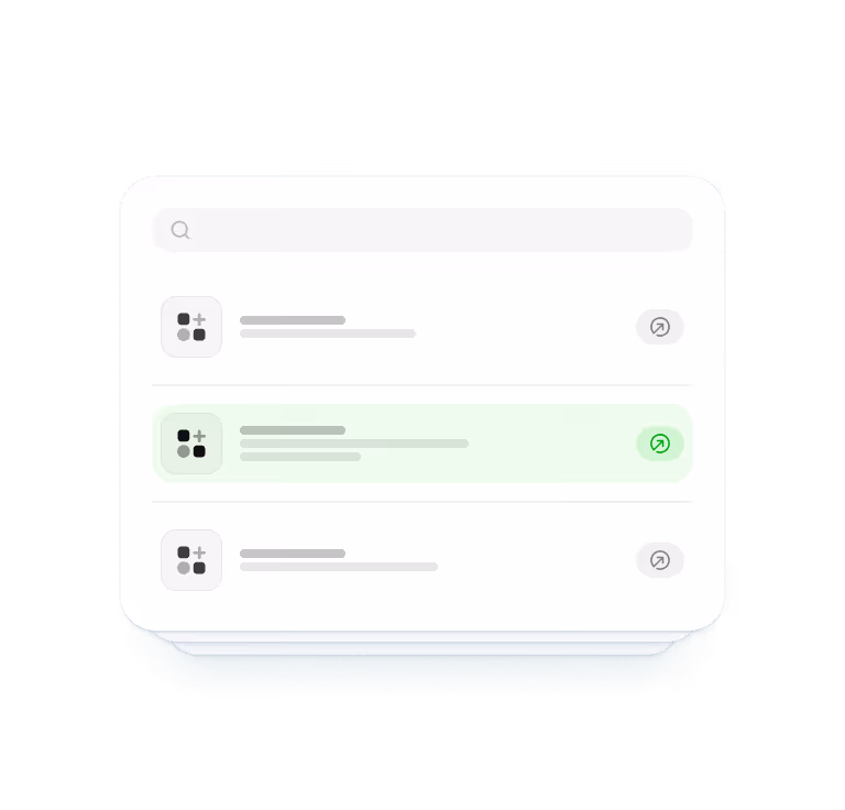 User interface showing a white rectangular list with three rows, each containing an app icon placeholder and text lines, the middle row highlighted in light green with a green arrow icon on the right.