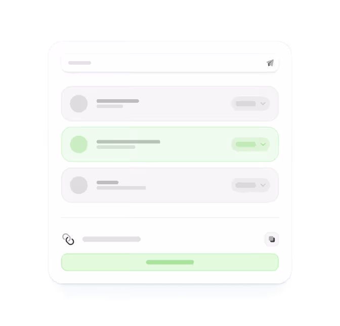 User interface showing a messaging or commenting panel with three messages, one highlighted in green, a search bar at the top with a send icon, and a link sharing section at the bottom with a copy icon.