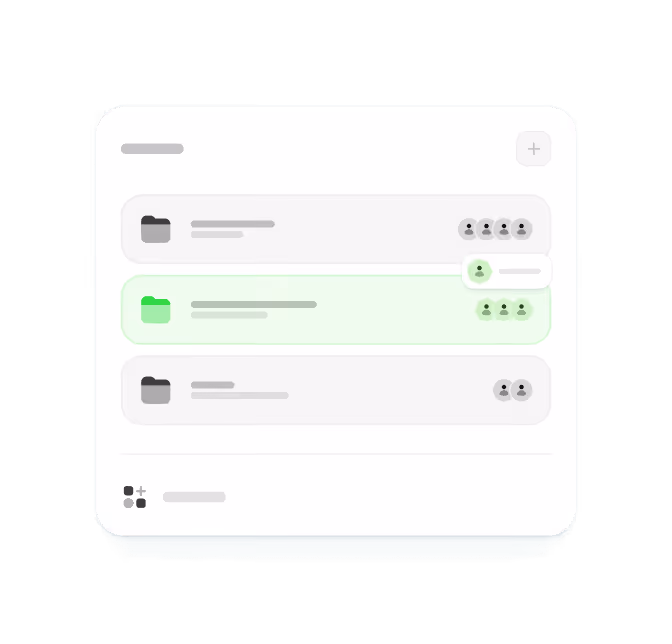 Interface showing a list of folders with user icons indicating shared access and one folder highlighted in green.