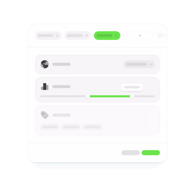 User interface of a filter creation menu with tabs, dropdown menus, a slider control, and buttons, featuring a green highlight on the active tab and slider section.