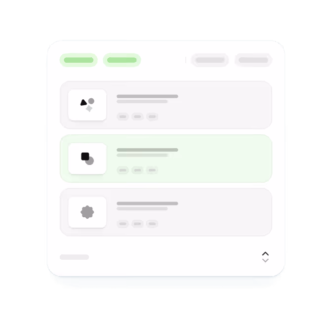 Simplified user interface showing a list with three items, each containing an icon and text lines, with the middle item highlighted in green.