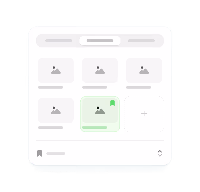 Digital interface showing a grid of six image placeholders with one highlighted in green and a plus sign for adding a new item.
