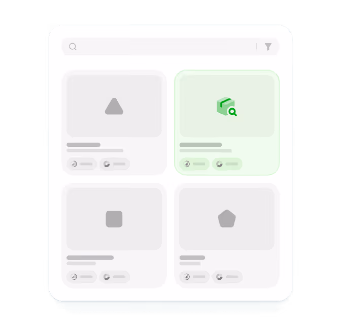 User interface with search bar and four selectable cards, the top right card highlighted in green with a green cube and magnifying glass icon.