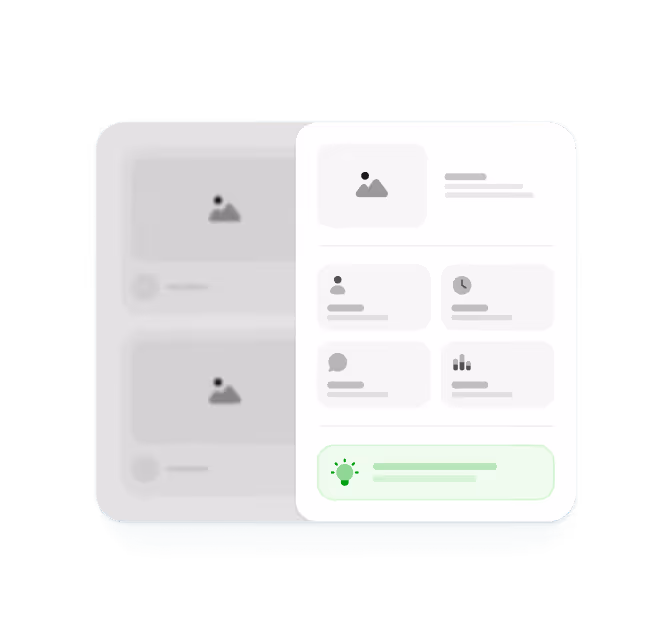User interface showing a blurred dual-panel layout with a focused right-side drawer containing profile icon, image placeholder, and informational cards.