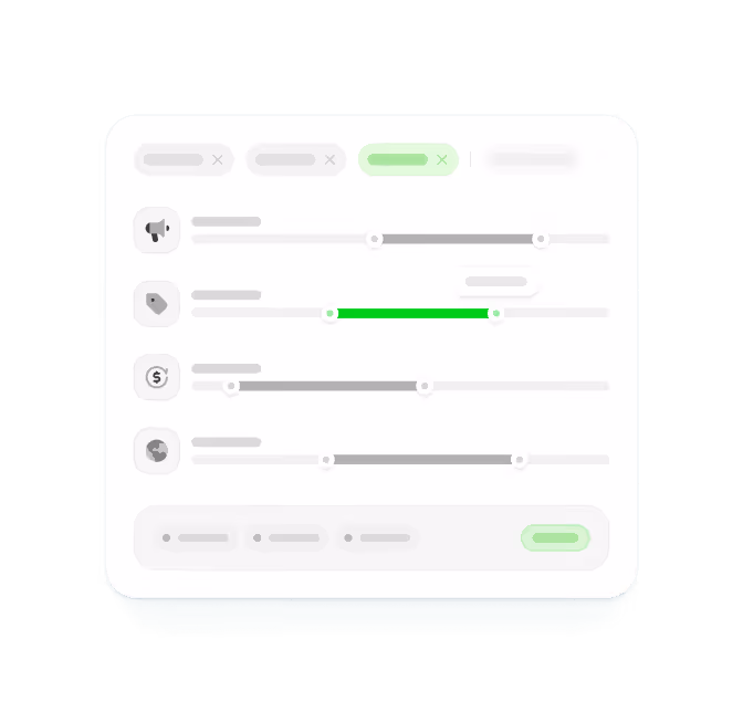 User interface with multiple horizontal slider filters indicated by icons for different categories and some filters highlighted in green.