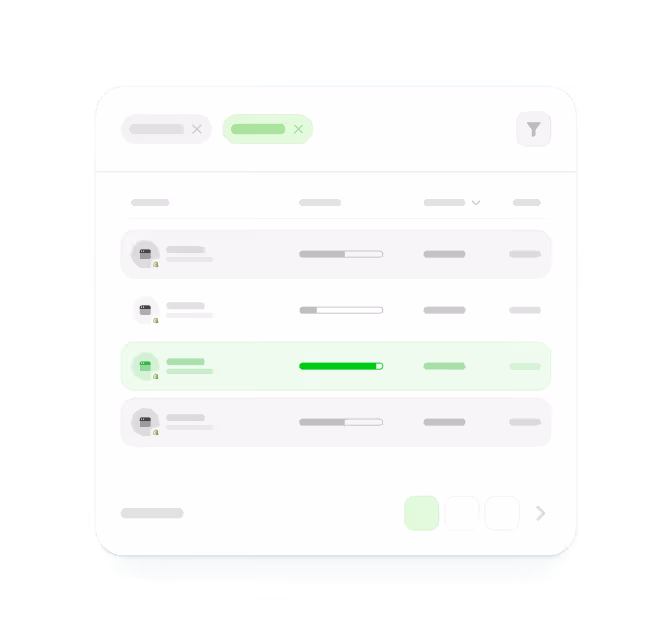 User interface showing a list with progress bars, one row highlighted with a bright green progress indicator and filter icon on the top right.