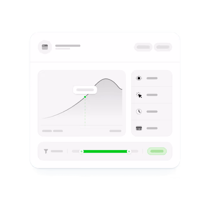 Dashboard interface showing a line graph with a highlighted data point, filter slider below, and icons for settings, cursor, timer, and payment options.