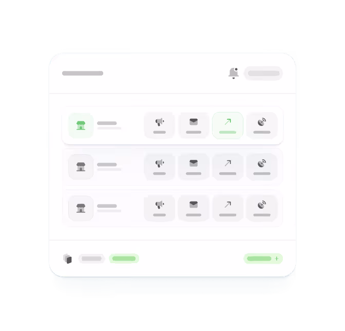 Dashboard interface showing a list of items with icons for phone, megaphone, envelope, graph, and wireless signals in rows with some highlighted in green.
