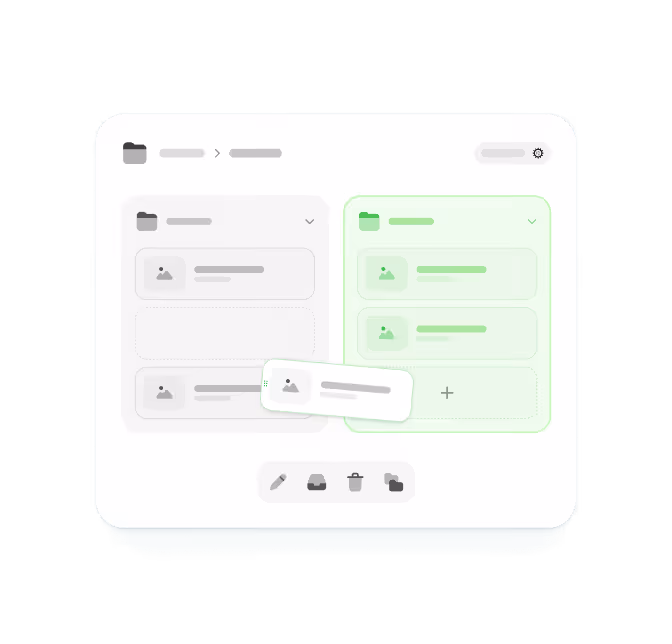 User interface showing file organization with folders and draggable file icons in two panels, one highlighted in green.