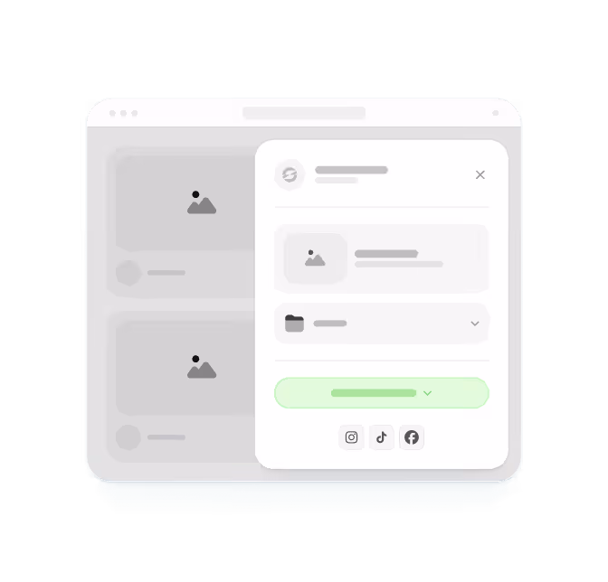 Browser window with a sidebar panel showing options to share content to Instagram, TikTok, and Facebook.
