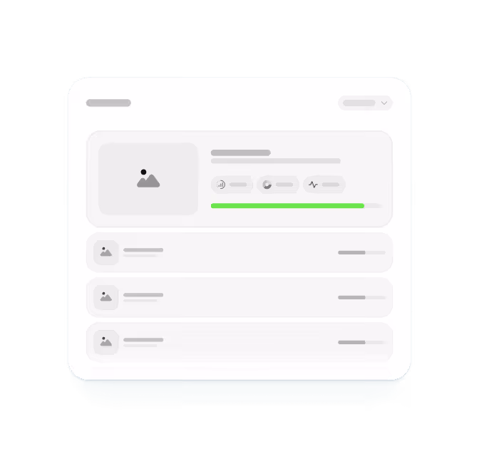 User interface panel showing a main profile section with an image placeholder, three icon buttons, a green progress bar, and a list of three smaller profile entries with image placeholders and text lines.