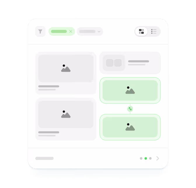 User interface mockup showing a filter applied and two green-highlighted image cards on the right with an arrow icon between them indicating a connection or swap.