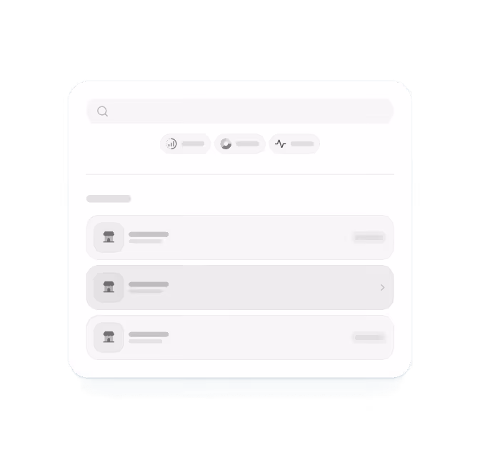 User interface showing a search bar, three filter buttons with icons, and a list of three items each with a store icon and text placeholders.