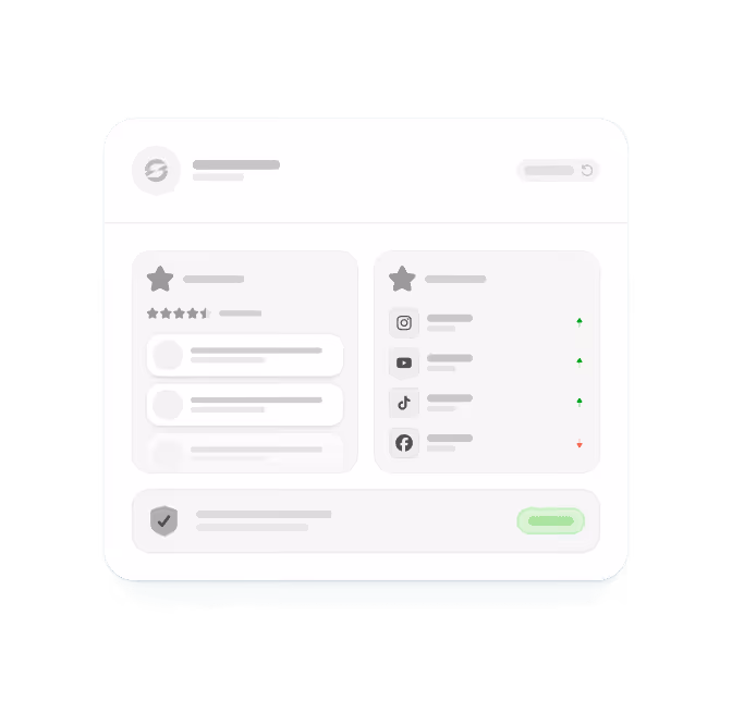 Dashboard interface showing ratings, social media icons with trend arrows, and comment previews in a clean layout.