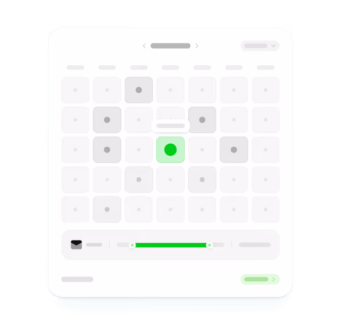 User interface of a calendar with selectable dates, highlighting one date in green and several dates in gray, and a slider control below.