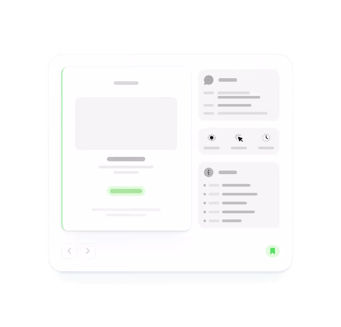 Simplified user interface mockup with a central content area, sidebar containing icons for comments, settings, and info, and navigation arrows below.