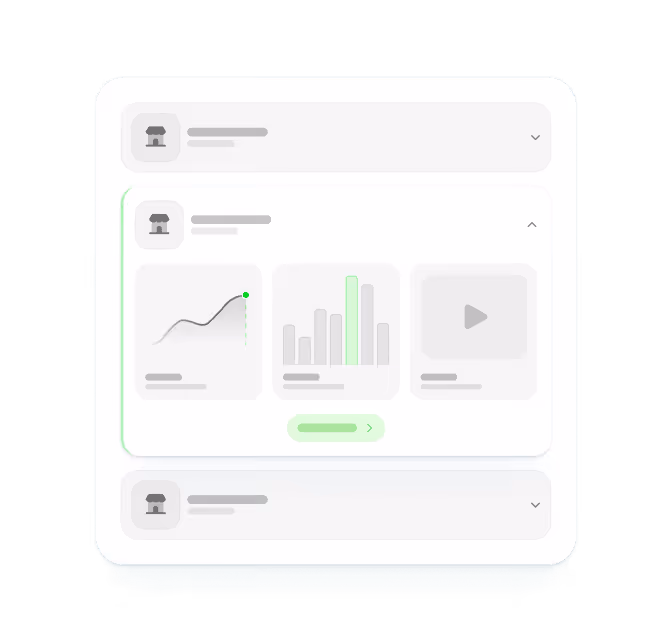 User interface with collapsible sections showing icons, a line chart, a bar graph, and a play button.