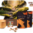 Chocolate camping-themed gift set including chocolate bars, chocolate stick, and a cup with marshmallows, displayed on a log background.