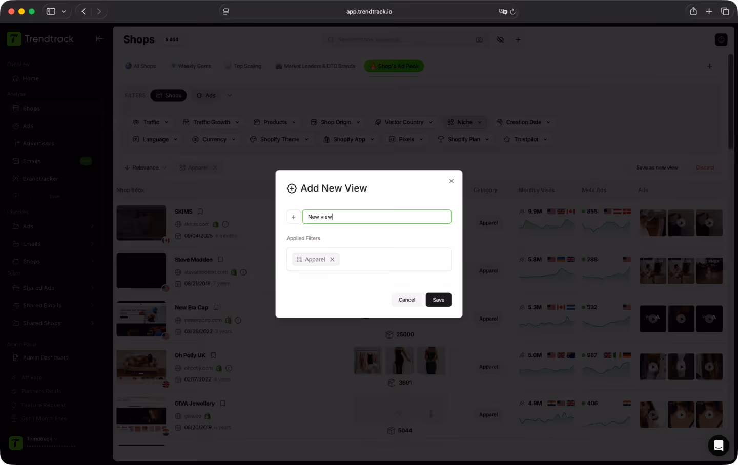 Popup window on a website showing 'Add New View' with a filter applied labeled 'Apparel' and options to cancel or save.