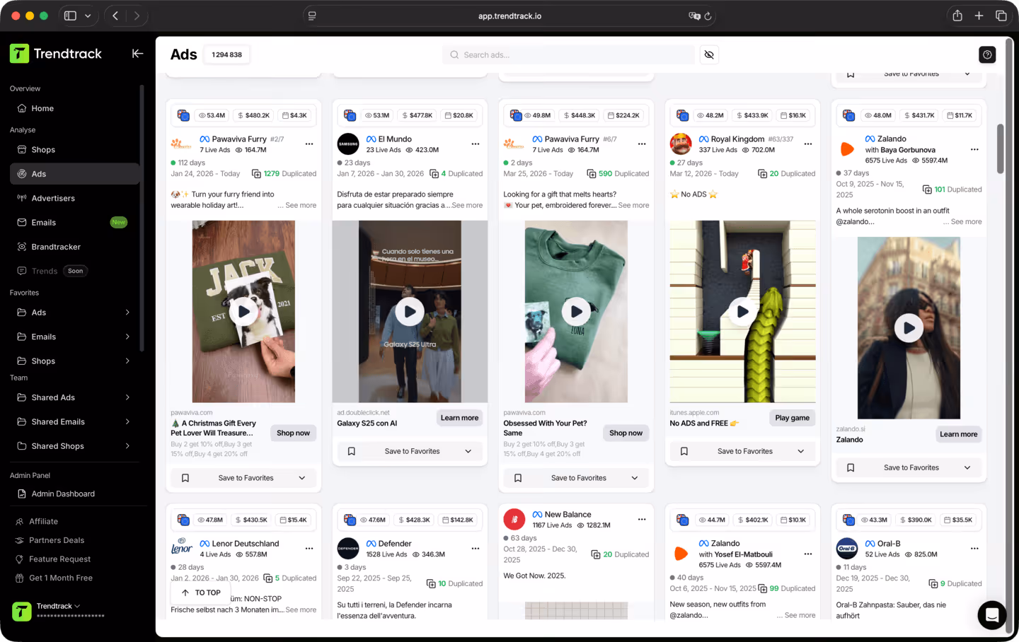 Screenshot of Trendtrack dashboard displaying various digital ads with details like views, costs, duplication status, and options to save favorites or learn more.