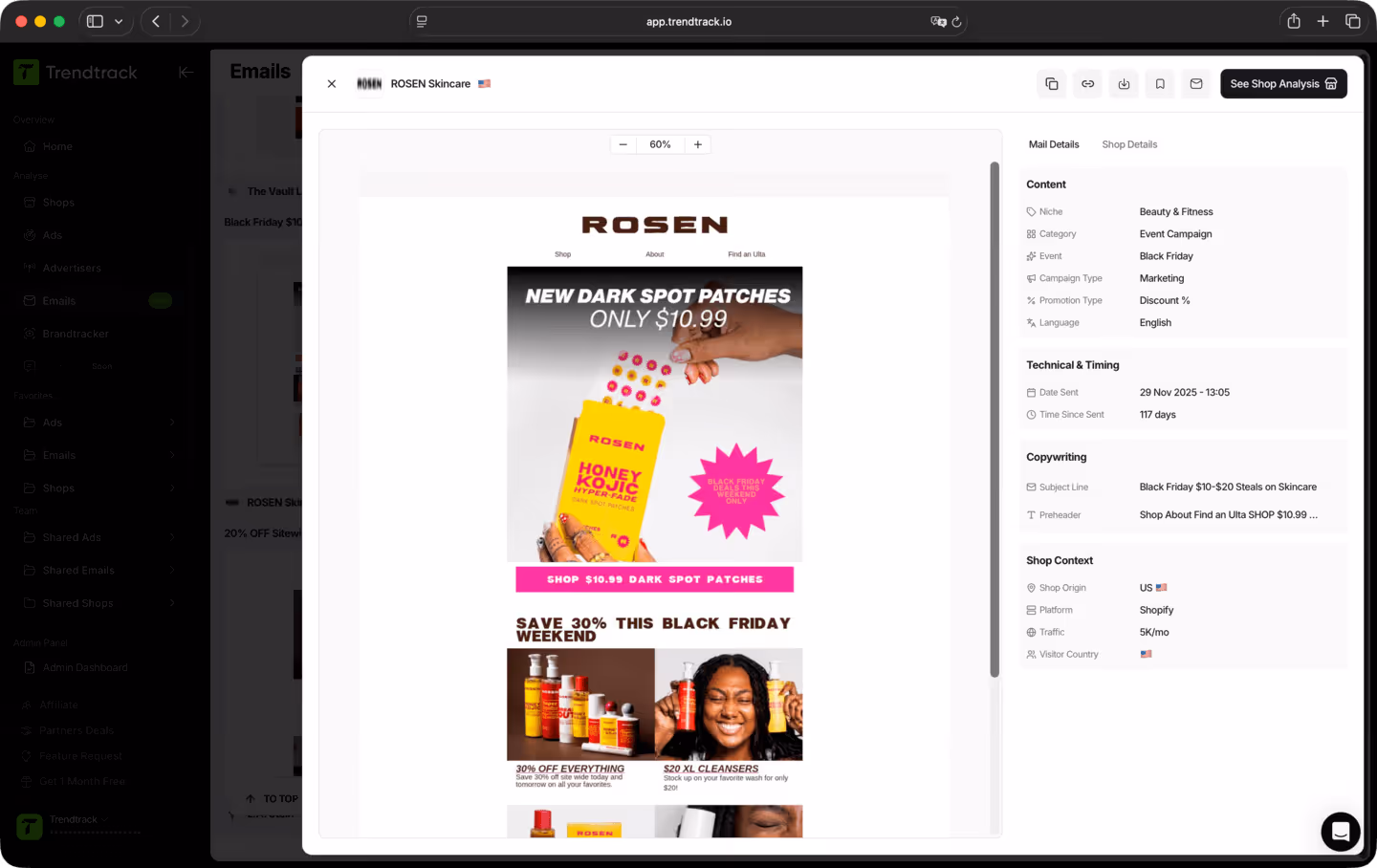 Screenshot of ROSEN Skincare Black Friday email showing a $10.99 dark spot patches promotion, 30% off sitewide deal, and $20 XL cleansers offer.