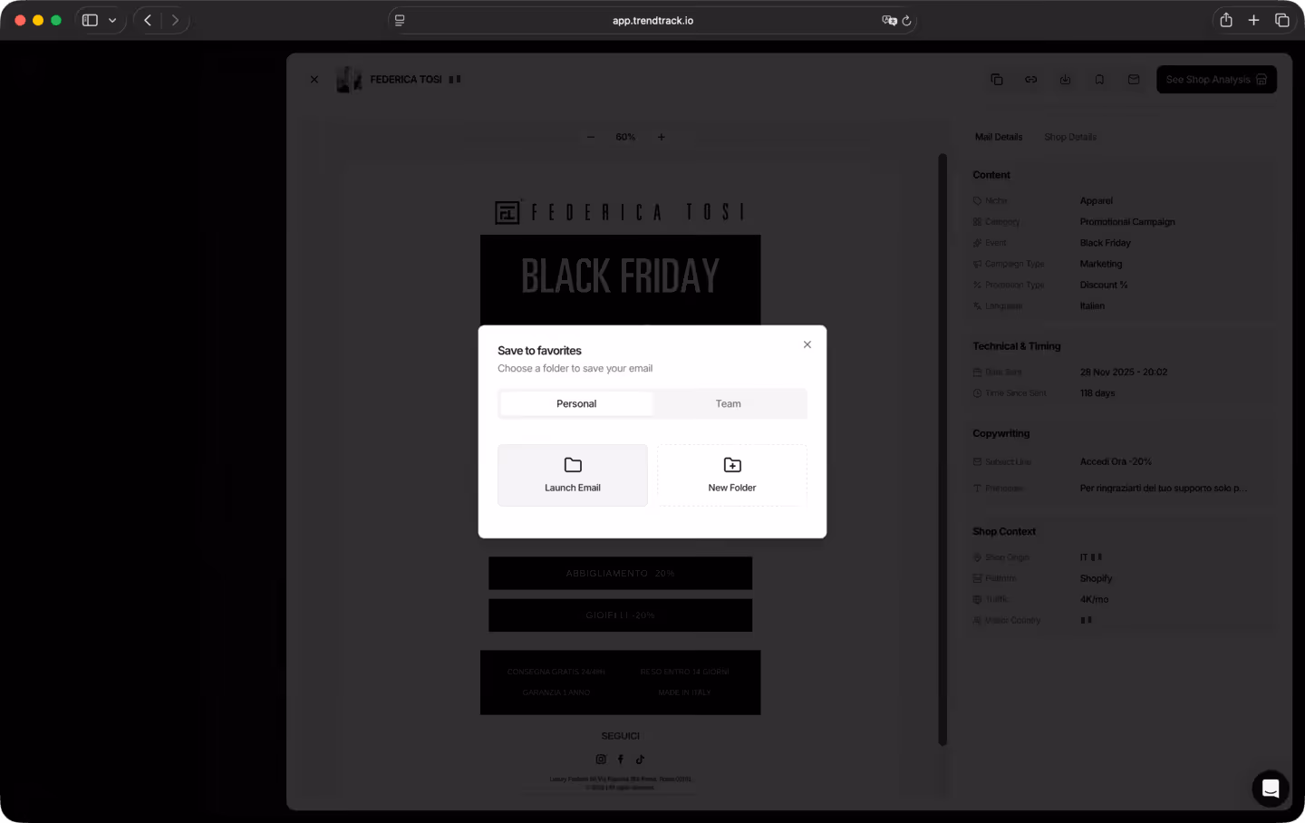 Popup window titled Save to favorites with options to choose Personal or Team folder and buttons for Launch Email and New Folder on an email marketing platform.