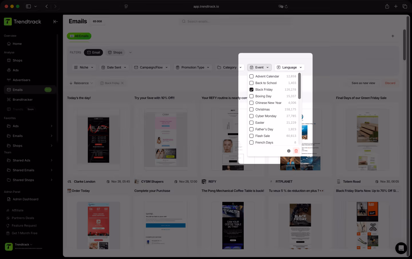 Screenshot of Trendtrack email campaign dashboard showing email filters with Black Friday event filter selected and multiple email campaign previews.