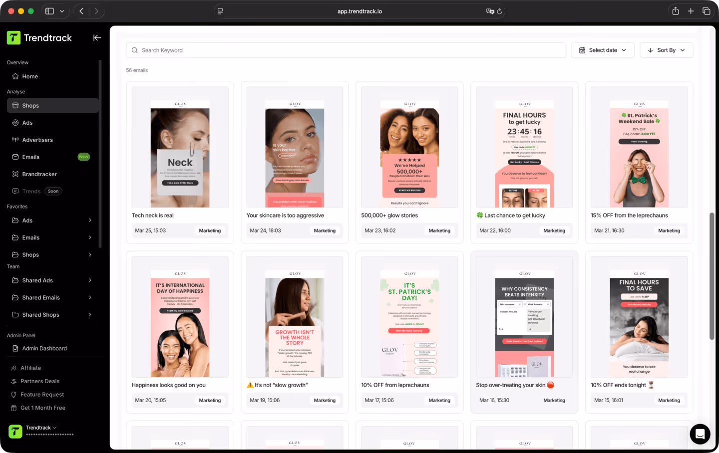 Trendtrack dashboard showing a grid of skincare marketing emails with titles, dates, and tag labels under the Shops section.